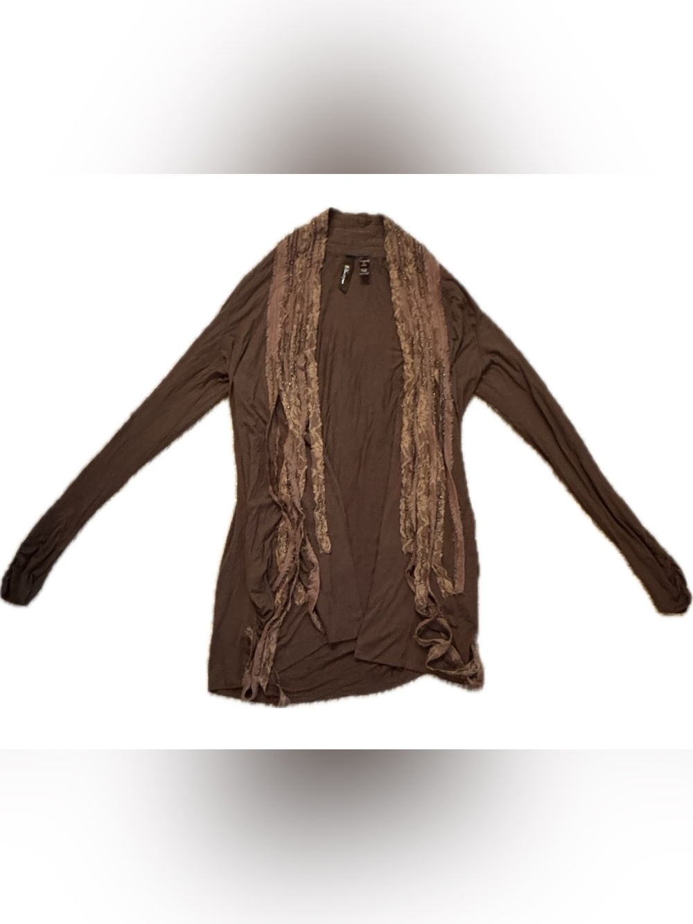 BKE Brown Ruffle-Trim Open Front Cardigan